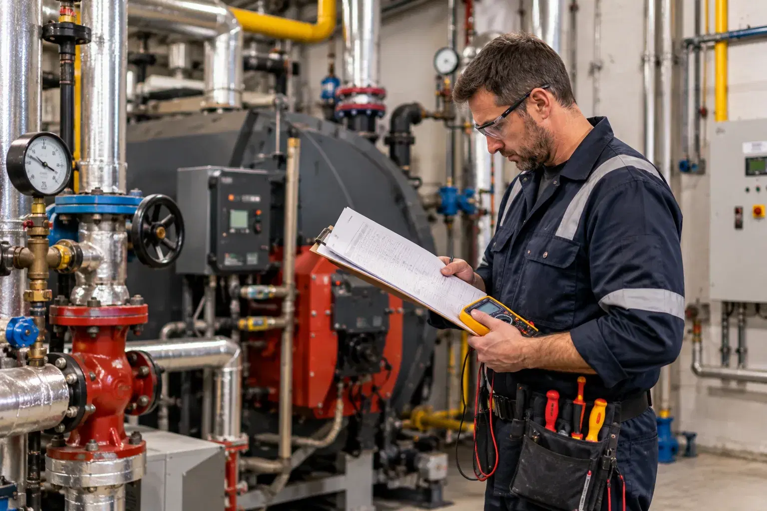 Service technician with a multimeter reviewing a job sheet beside a boiler