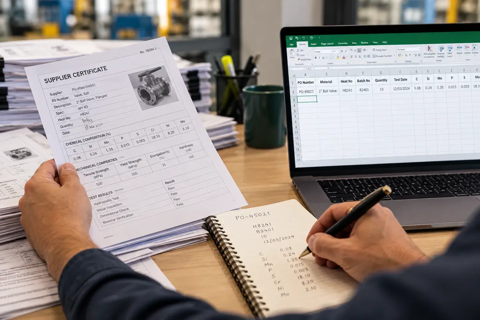 Illustrative worker copying details from a supplier certificate into a notebook, with the same details already entered in a spreadsheet on a laptop