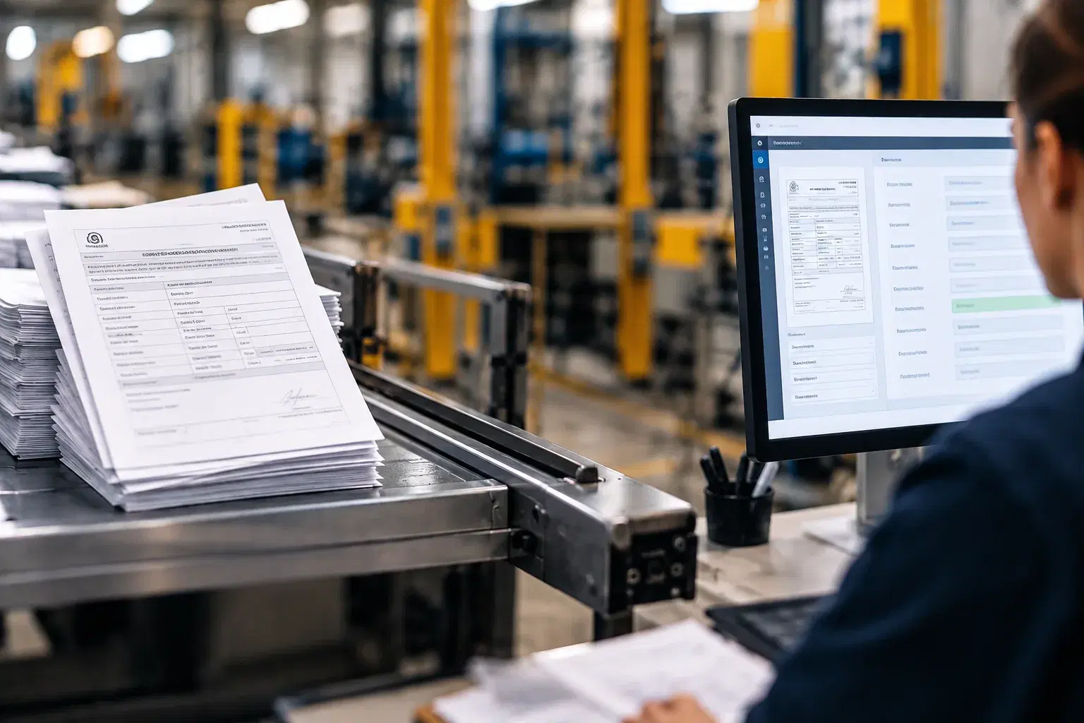 A worker reviewing information captured from a stack of supplier certificates on screen in a factory