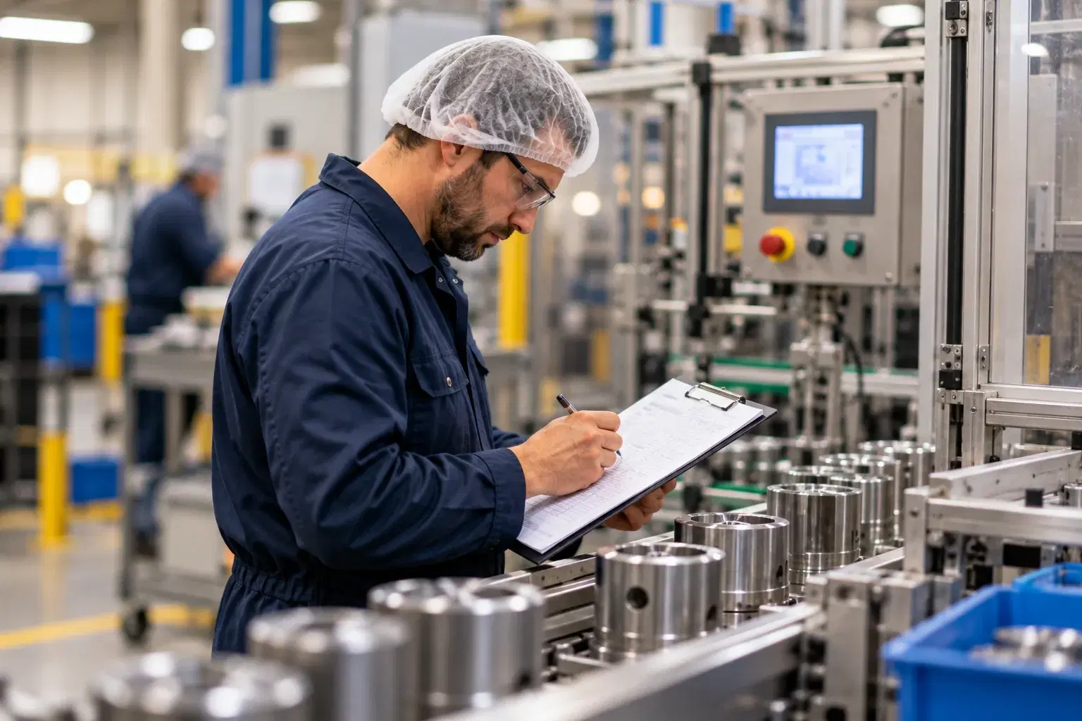 Quality inspector filling in a paper record beside machined parts on a production line