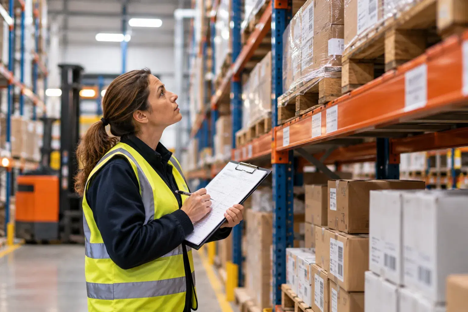 Warehouse manager checking stock against a clipboard beside tall pallet racking