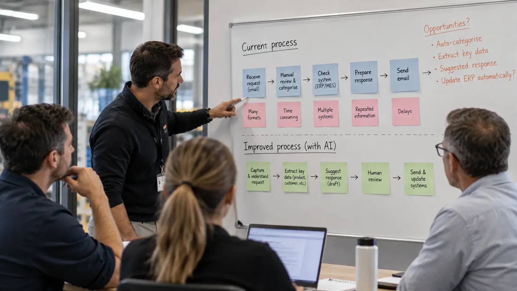 A team in a meeting room while one person points to a whiteboard comparing the current email-handling process with an improved process using AI